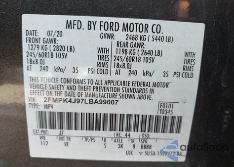 2020 Ford Edge Sel z USA, uszkodzony, nr VIN 2FMPK4J97LBA99007